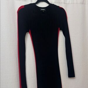 Express Black Long Sleeve Bodycon Knitted Sweater Dress W/ Red Stripes Sz XS